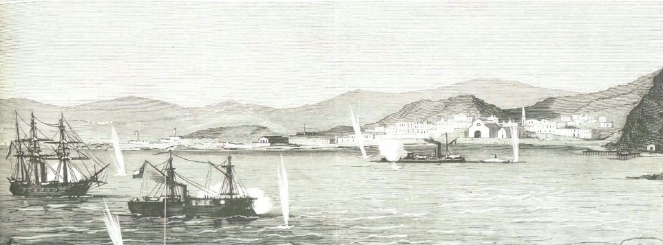 Die Bucht von Arica
                        mit dem Morroberg im 17. Jh. ca. [4]. Die Szene
                        zeigt eine Seeschlacht.