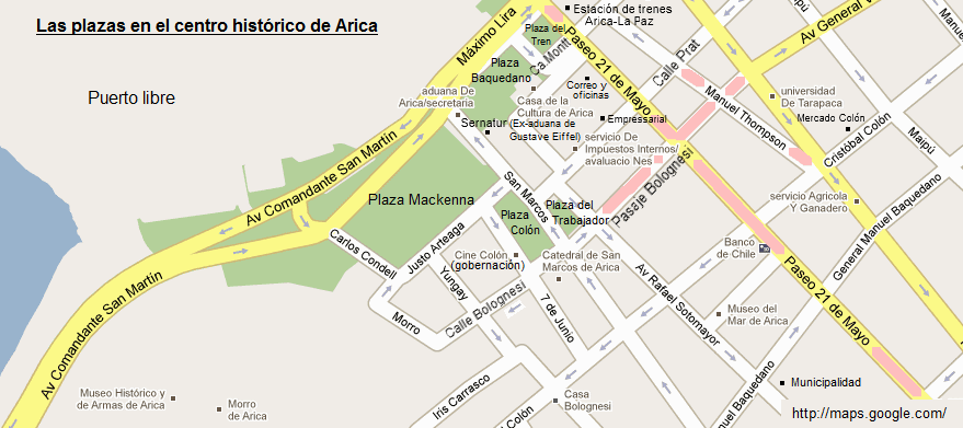 Karte mit den
                        Pl�tzen im historischen Zentrum von Arica