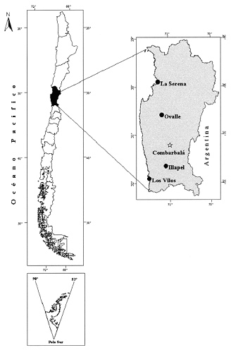 Mapa
                          de Chile con la cuarta regi�n con las ciudades
                          La Serena, Ovalle, Combarbal�, Illapel y Los
                          Vilos