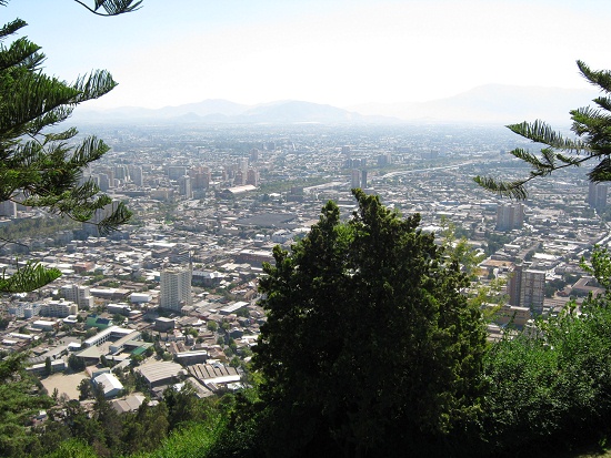 Vista del mirador de la estaci�n de la
                            cumbre a Santiago de Chile con un arbusto
