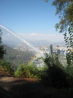 Irrigaci�n de �rboles en el
                  parque Metropolitano con arco iris y con panorama