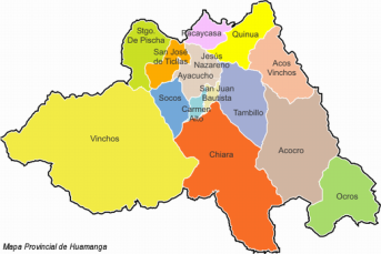 Karte der Provinz Huamanga mit seinen
                      Bezirken mit Ayacucho