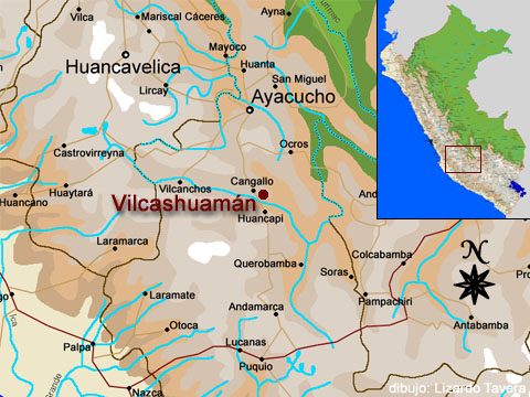 Karte mit den Positionen von Ayacucho und
                          Vilcashuam�n