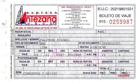 Busbillet der Busfirma Antezana vom 18.2.2007 f�r
                die Fahrt von Lima nach Ayacucho