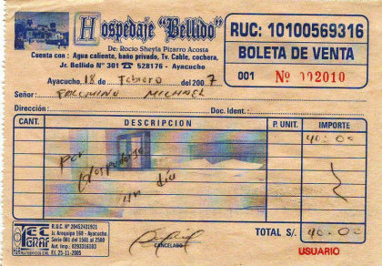 Ayacucho: Hotelquittung der Herberge
                        (hospedaje) Bellido vom 18.2.2007
