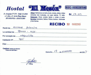Ayacucho: Hotelquittung des Hostals
                        "El Mes�n" vom 19.2.2007