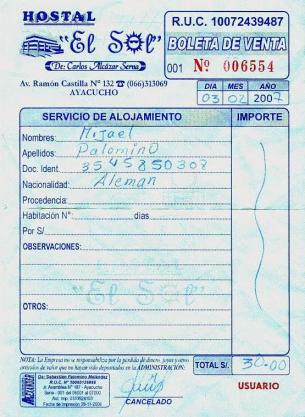 Ayacucho: Hotelquittung des Hostal "El
                        Sol" ("zur Sonne) vom 2.3.2007
