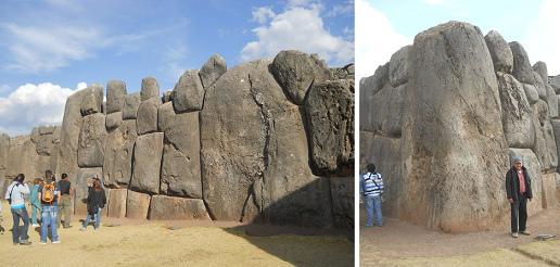 Cusco Sacsayhuam�n: Die
                        Basismauern von Sacsayhuam�n Teil 2,
                        vollst�ndige Mauern mit Gigasteinen