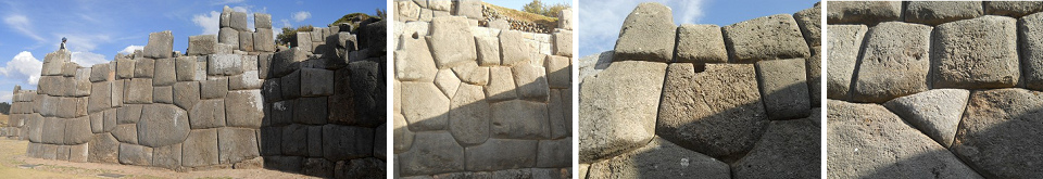 Cusco Sacsayhuam�n:
                                        the walls of terrace 1 with a 10
                                        ends stone, with a flower
                                        design, with a drainage hole,
                                        with an almost triangular stone
                                        etc.