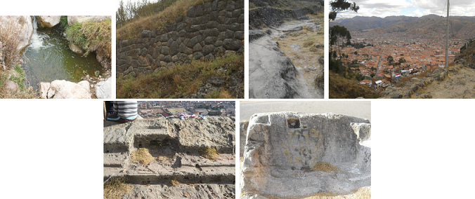 Cusco Sacsayhuam�n parte
                                        16: camino regresando a Cusco:
                                        contaminaci�n del arroyo, muro
                                        con dise�o de flores, vista a
                                        Cusco, piedras cortadas