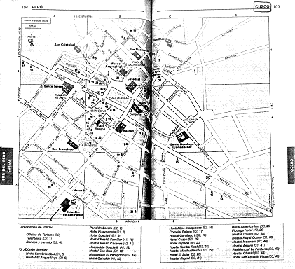 Reisef�hrer von Trotamundos, Stadtplan von
                        Cusco mit den Hotels eingezeichnet (Seiten
                        104-105)