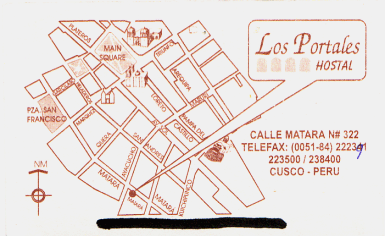 Visitenkarte des Hostal Los Portales
                        (R�ckseite) mit einer Karte