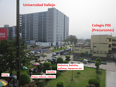 Los Olivos, die Haltestelle
                                    Yanbal mit der Uni Vallejo und der
                                    Schule PIN und Strassenverk�ufern