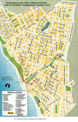 Miraflores: Karte des Spaziergangs Zavala
                          - Malecon Cisneros - Park der Verliebten -
                          K�nigsbr�cke - Malecon 28 de Julio - Fanning -
                          Porta
