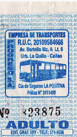 Blaues Busbillet der "Progreso
                        SA"