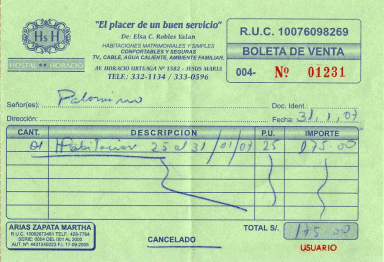 Hotelquittung f�r Michael Palomino vom
                        31.1.2007 vom Hostal Horacio, Avenida Horacio
                        Urteaga 1582, Jesus Maria, Lima, Per�, Tel.
                        01-3321134 / 01-3330596