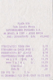Lima: Quittung aus dem Einkaufszentrum Todo
                        Cuesta Menos vom 29.1.2007