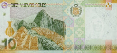 Billete de 10 soles con Machu
                    Picchu con las monta�as Huchuypicchu y Huaynapicchu
                    en forma de un �guilar condor o en forma de una cara
                    de un inca con nariz grande - al lado est� la cruz
                    de Madre Tierra en escalones