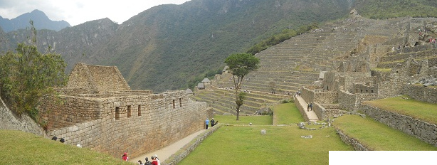 Machu
                      Picchu: Vista de la plataforma superior al muro
                      grande con la plaza central, con el �rbol y con el
                      sector agricola