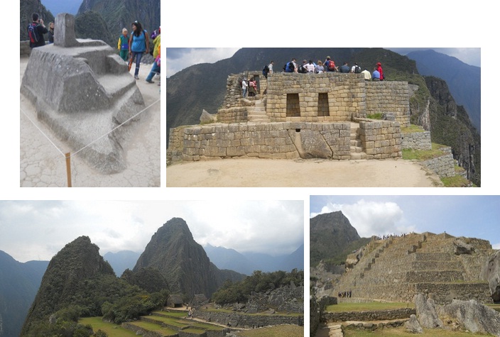 Machu Picchu: El reloj solar en la
                                pir�mide del sol, la casita en la
                                plazuela, la vista a los miradores
                                Huchuypicchu y Huaynapicchu en forma de
                                un c�ndor levantando las alas, y la
                                pir�mide solar de atr�s con sus
                                terrazas