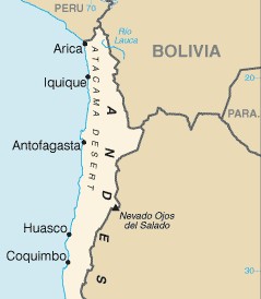 Karte von
                Nord-Chile mit der Atacama-W�ste und den St�dten Arica,
                Iquique, Antofagasta, Huasco und Coquimbo