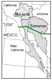 Karte der
                Sonoraw�ste in Nord-Mexiko mit Niederkalifornien, auch
                in Arizona und in Kalifornien
