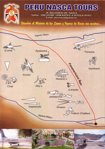 Mappa delle linee di Nazca dell'agenzia di viaggi
                "Per� Nazca Tours", con indicazioni in
                Ketschua e Nanaska per Nazca.