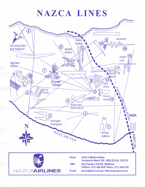 Mappa delle linee di Nazca con disegni a terra e
                alcune linee rette, della compagnia aerea "Nazca
                Airlines", con informazioni in inglese e in
                spagnolo. Tuttavia, � possibile vedere solo i disegni a
                terra che vengono avvicinati durante il volo.