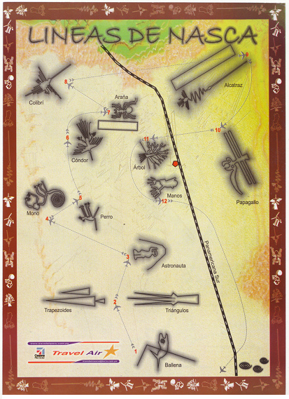 Mappa della compagnia aerea "Travel Air"
                con le linee di Nasca (solo disegni a terra), con la
                torre belvedere (grande punto rosso) e con le spirali
                degli acquedotti (in basso a destra), della compagnia
                aerea "Travel Air"