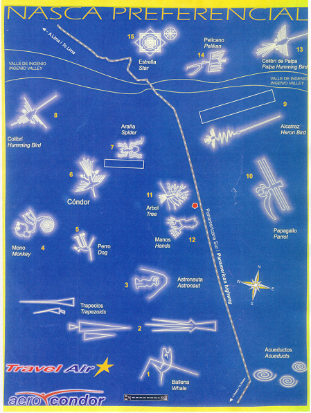 Carta delle compagnie aeree "Travel Air"
                e "Aero Condor" con le linee di Nazca e tre
                motivi delle linee di Palpa con il mandala, con
                indicazioni in spagnolo e inglese