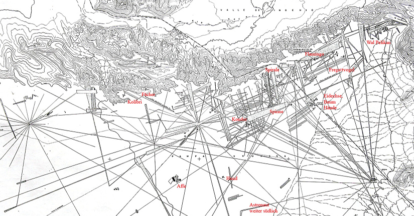 Mappa con le linee di Nazca dal sito web di
                Boeckel, con molte linee rette e con linee di rilievo.
                Secondo la mappa dell'Istituto Geografico, anche la
                posizione della collina belvedere � corretta.