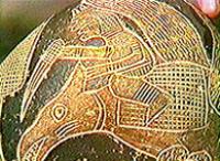 Antica civilt� di
                      Nasca: un cavaliere su uno pterosauro
                      (pteranodonte); pietra del museo della pietra di
                      Ica