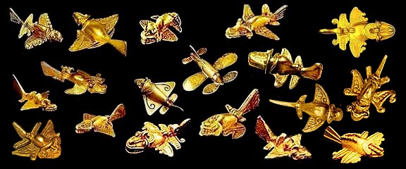 Secondo gli storici,
                      le antiche culture della preistoria del Sud
                      America viaggiavano con questi aerei (qui i
                      modelli del Museo dell'Oro di Bogot�).