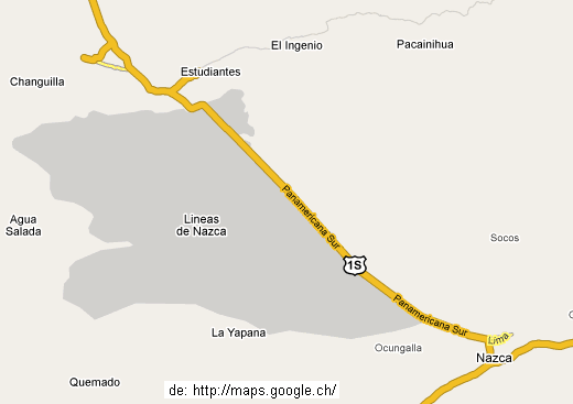 Mappa di Nazca che mostra la piana di
              Nazca con il reale tracciato della Panamericana
              (http://maps.google.ch/)