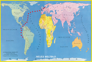 Weltkarte mit der
                        eingezeichneten Strecke von Hamburg nach Lima
                        (Hafen Callao)