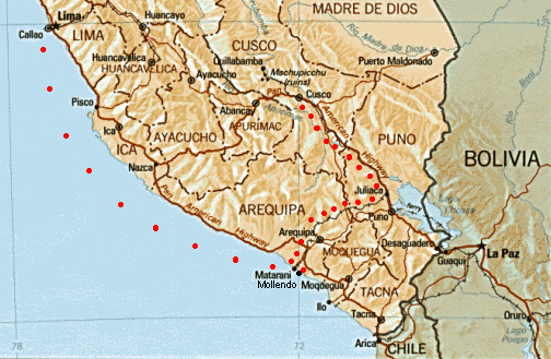 Karte der Reise von Maria Reiche
                von Cusco �ber Arequipa nach Mollendo mit dem Zug, dann
                von Mollendo zum Hafen Callao bei Lima mit dem Schiff