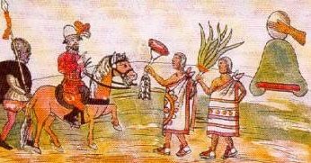 El colonialista a caballo,
                          ejemplo de Cortez en M�xico que recibe regalos
                          de los ind�genas
