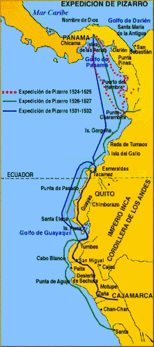 Mapa con las expediciones de Pizarro
              1524-1527 al R�o Santo y el ataque al fin de 1530-1532 a
              Cajamarca