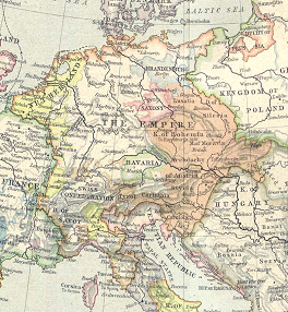 Das "Heilige R�mische
                                        Reich Deutscher Nation" im
                                        Jahre 1560, Karte [27], es
                                        reichte von Cambray bis
                                        Pressburg (heute Bratislava) und
                                        von Hamburg bis Florenz.
                                        Botaniker De l'Ecluse liess in
                                        diesem Gebiet die Kartoffel
                                        verbreiten.
