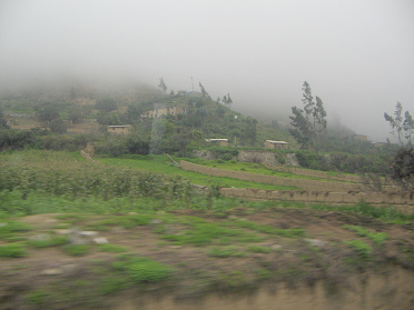 Das Dorf Huaytara (Huaytar�) mit seinen
                        Feldern vorne dran, mit Feldmauern, und
                        Baumgestalten vor der Nebeldecke