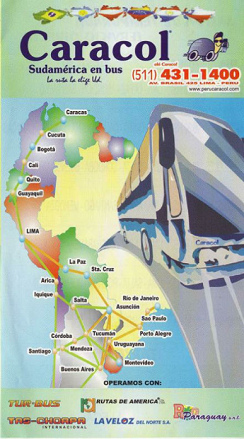 Das Flugblatt der Busfirma Caracol mit
                          dem Steckennetz in ganz
                          S�d-"Amerika"
