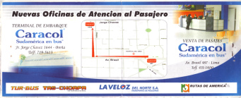 Billet der Busfirma
                                  "Caracol"
                                  ("Schnecke") bzw.
                                  "Rutas de America" (ra) f�r
                                  den 6. August 2008 von Lima nach
                                  Guayaquil auf der Panamericana,
                                  R�ckseite, mit der Angabe des
                                  Ticketschalters an der Avenida Brasil
                                  Nr. 487 und des Terminals an der Av.
                                  Jorge Chavez Nr. 1644