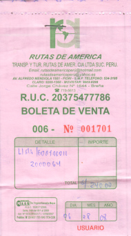 Billet der Busfirma
                                    "Caracol"
                                    ("Schnecke") f�r den 6.
                                    August 2008 von Lima nach Guayaquil
                                    auf der Panamericana, die Quittung
                                    �ber 240.00 Soles