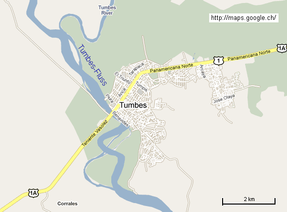 Karte von Tumbes mit dem
                                  Tumbes-Fluss, der in der Regenzeit
                                  regelm�ssig die Stadt �berschwemmt