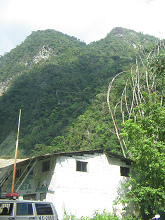 Weisses Haus mit Urwaldbergen im Hintergrund