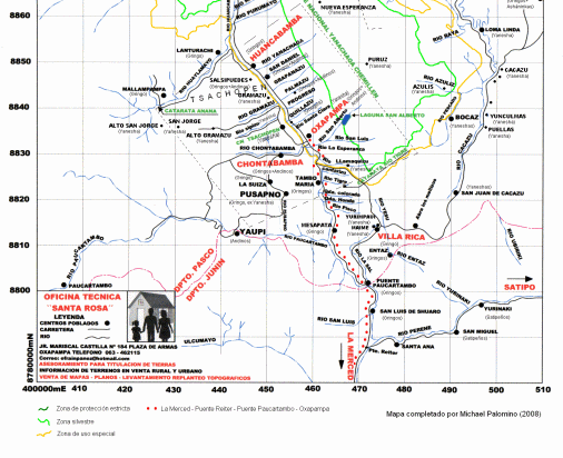 Karte mit der Strecke von La Merced
                            zur Reiter-Br�cke, Paucartambo-Br�cke und
                            �ber den Scheitel bis Oxapampa