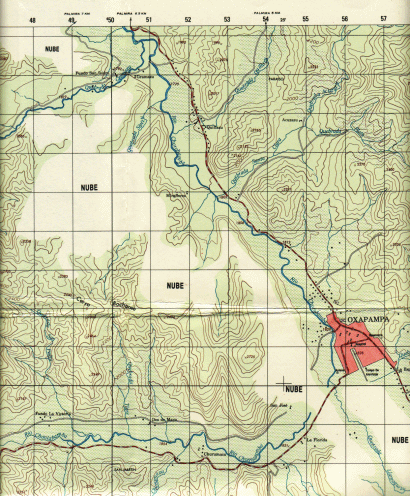 Karte der Region Oxapampa 1:50.000 ohne
                        Tsachopen und ohne Bergspitzen, oft mit der
                        Angabe "Wolke" ("nube");
                        Blatt "Oxapampa", 1:50.000, Edition:
                        1-DMA, Serie: J731, Blatt: 1849 IV;
                        Geografisch-milit�risches Institut (Instituto
                        geografico militar), Avenida Aramburu, Block 11
                        (cuadra 11), Surco, Lima