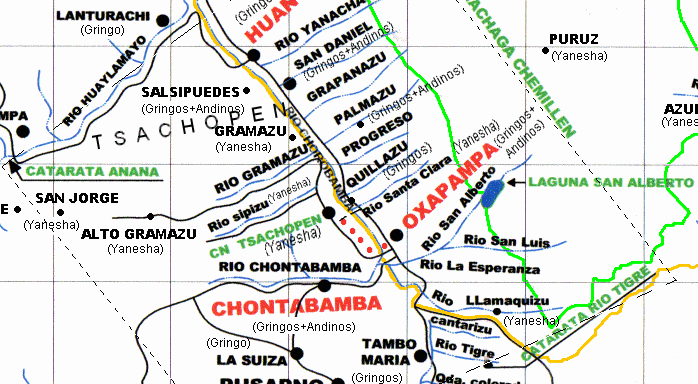 Karte mit der Strecke von Oxapampa nach
                            Tsachopen