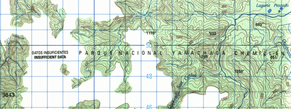 Karte des Yanesha / Amuesha-Nationalparks mit der
                  Angabe "unzureichende Angaben" ("datos
                  insuficientes") mit ausgesparten Berggipfeln.
                  Kartenblatt "Iscozac�n", 1:100.000, Edition:
                  1-IGN, Serie: J631, Blatt: 1850 (21-m);
                  Geografisch-milit�risches Institut (Instituto
                  geogr�fico militar), Avenida Aramburu, Block 11
                  (cuadra 11), Surco, Lima