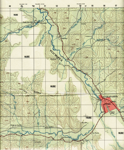 Karte der Region Oxapampa 1:50.000
                            erg�nzt mit Tsachopen und mit den Wegen
                            dorthin (erg�nzt durch Michael Palomino),
                            ohne Bergspitzen, mit der Angabe
                            "Wolke" ("nube");
                            Kartenblatt "Oxapampa", 1:50.000,
                            Edition: 1-DMA, Serie: J731, Blatt: 1849 IV;
                            Geografisch-milit�risches Institut
                            (Instituto geogr�fico militar), Avenida
                            Aramburu, Block 11 (cuadra 11), Surco, Lima
